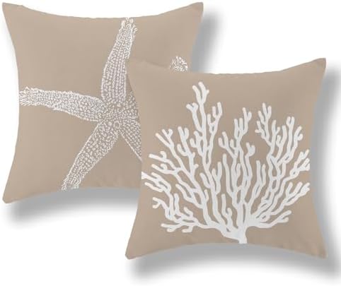 Coastal Pillow Covers 16x16 Inch Set of 2 Brown Tan Coral Starfish Throw by GOLIANDA