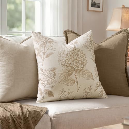 Set of 2 Decorative Floral Pillow Covers 20x20 Inch Tan Beige - Image 3