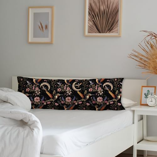 Vintage Moody Dark Floral Hummingbird Moon Body Pillow Cover 20x54, Dark - Image 3