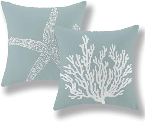 Coastal Pillow Covers 20x20 Inch Set of 2 Blue Coral Starfish Throw Pillows by GOLIANDA
