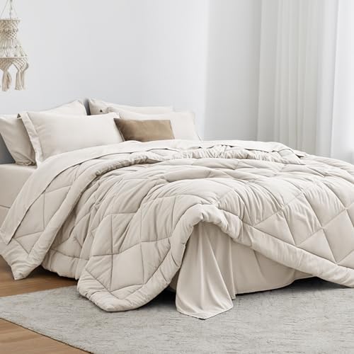 Love's cabin Oversized Queen Comforter Set Off White, 7 Pieces Bed in a Bag by Lovescabin