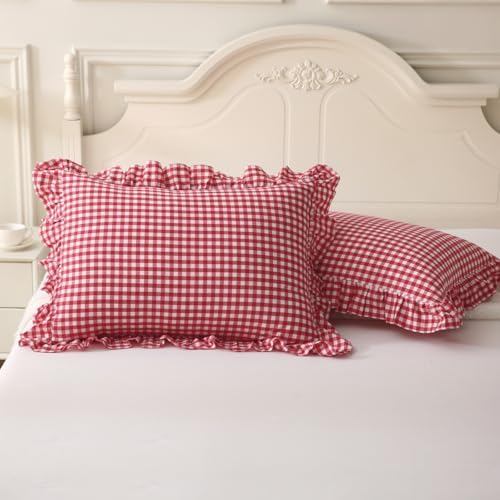 Silnuo Red/White Gingham Ruffle Pillow Covers Queen Size Set of 2 - Image 3