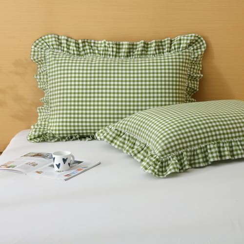 Silnuo Olive Green/White Gingham Ruffle Pillow Covers Queen Size 20"x30" by Silnuo
