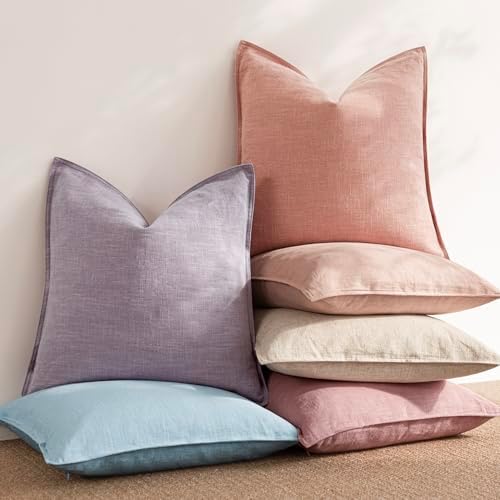 Foindtower Linen Solid Decorative Throw Pillow Covers 20x20 Inch Coral Pink - Image 6