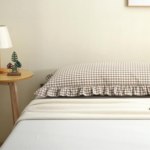 Warm Taupe Gingham Body Pillow Cover 20x54, Ruffled Cotton Sham - Image 7