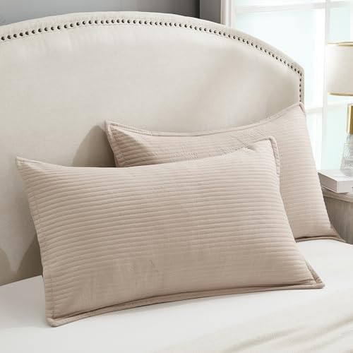 Stripe Quilted Pillowcases Set of 2, Standard Size Envelope Pillow Covers Soft - Image 2