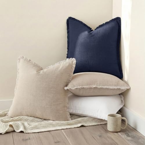 decorUhome Linen Fringe Navy Blue Throw Pillow Covers 22x22 Set of 2 - Image 4
