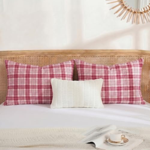Merryword 100% Cotton Pillow Cases, Queen Size, Washed Cotton Dusty Red Plaid - Image 4