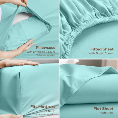 Full Sheets Set, 4 Pieces 16" Deep Pocket Hotel Luxury Bed Sheets, Spa Blue - Image 3