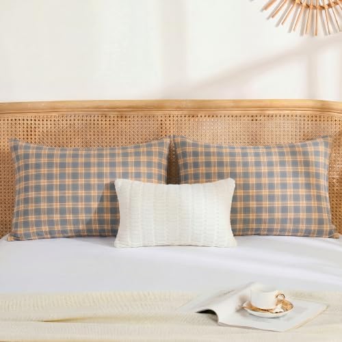 Merryword 100% Cotton Pillow Cases, Queen Size, Washed Cotton Deep Blue Plaid - Image 4