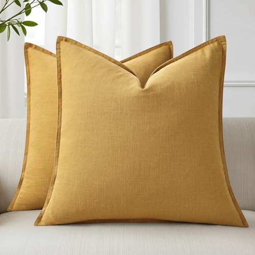 decorUhome Fall Mustard Yellow Linen Throw Pillow Covers 18x18 Set of 2 by decorUhome