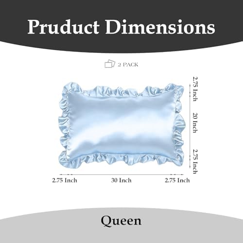 Set of 2 Ruffle Satin Queen Pillow Cases 20x30 in Baby Blue - Image 2