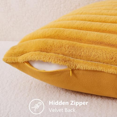 decorUhome Fall Faux Fur Throw Pillow Covers 22x22 Set of 2 Mustard Yellow - Image 3
