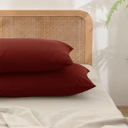 BESTOUCH Washed Cotton Pillowcases Linen Feel Fired Brick Red Queen by BESTOUCH