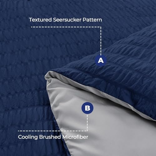 HYMOKEGE Navy Blue/Light Grey Twin Comforter Set Seersucker 5 Pieces, All - Image 4