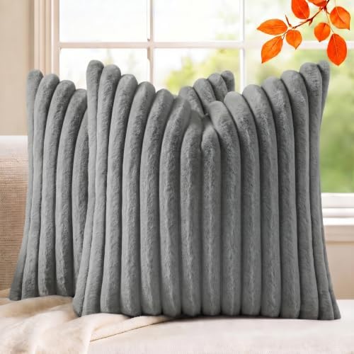 Set of 2 Decorative Throw Pillow Covers 20x20 Faux Fur Dark Gray by MEGAYESHome