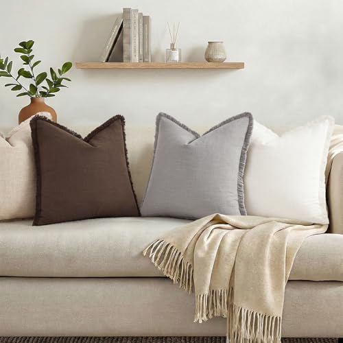 decorUhome Linen Fringe Light Grey Throw Pillow Covers 20x20 Set of 2 - Image 6
