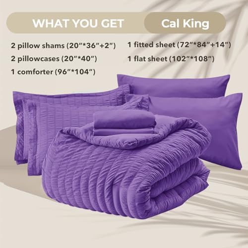 HYMOKEGE Bright Purple California King Comforter Set Seersucker 7 Pieces - Image 5