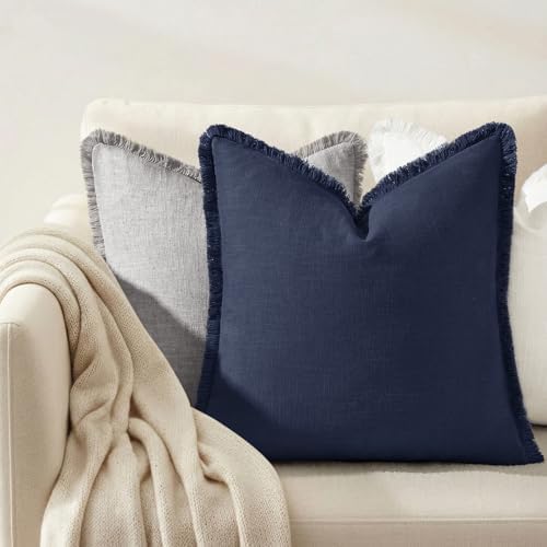 decorUhome Linen Fringe Navy Blue Throw Pillow Covers 20x20 Set of 2 - Image 6