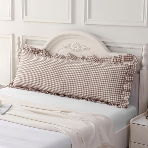 Silnuo Taupe/White Plaid Gingham Ruffled Body Pillow Cover 20"x54" by Silnuo