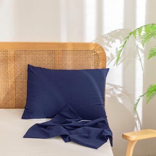 BESTOUCH Washed Cotton Pillowcases Linen Feel Navy Blue King - Image 3