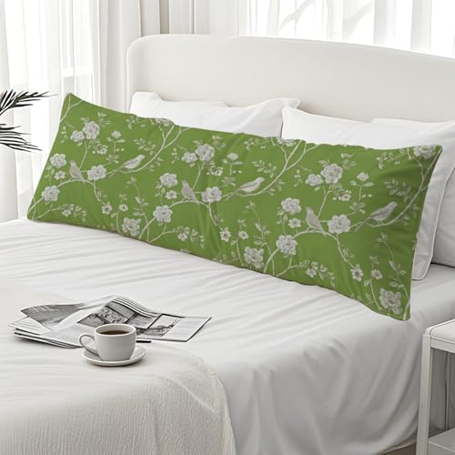 Sage Green Chinoiserie Cherry Blossom Bird 20x54 Body Pillow Cover, Vintage - Image 7