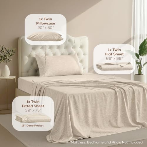Twin Sheet Set, 3 Pieces 16" Deep Pocket Hotel Luxury Sheets, Heather Beige - Image 2