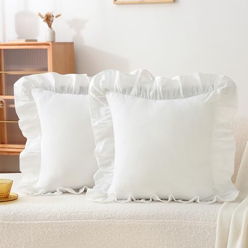 Ruffle Throw Pillow Covers 18x18, Off White Cotton by Jilboo