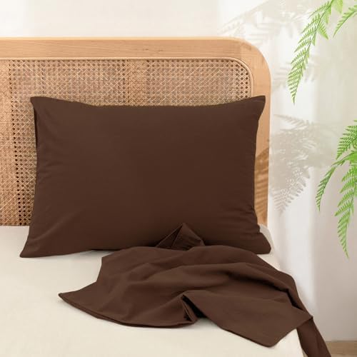 BESTOUCH Washed Cotton Pillowcases Linen Feel Cocoa Brown Standard - Image 3