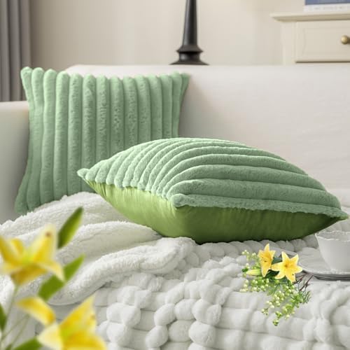 MOSAYT Faux Fur Pillow Covers 20x20 Set of 2, Ultra Soft Fluffy Striped Modern - Image 6