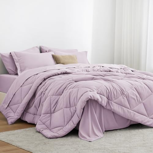 Love's cabin Queen Comforter Set Light Purple, 7 Pieces Queen Bed in a Bag by Lovescabin