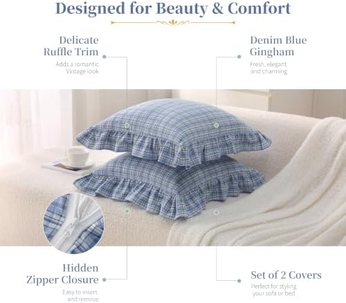 Gingham Throw Pillow Covers 18x18, Denim Blue Plaid, Ruffle Trim - Image 4
