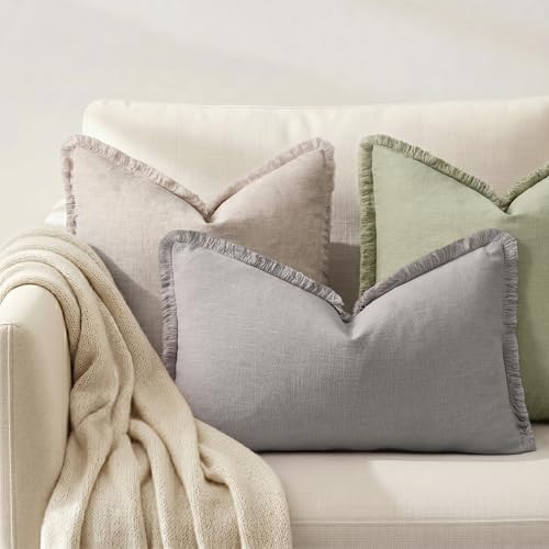 decorUhome Linen Fringe Light Grey Throw Pillow Covers 12x20 Set of 2 - Image 4