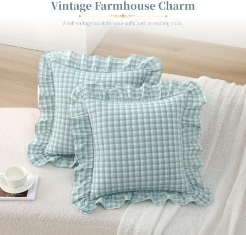 Gingham Throw Pillow Covers 18x18, Seafoam Green, Ruffle Trim - Image 2