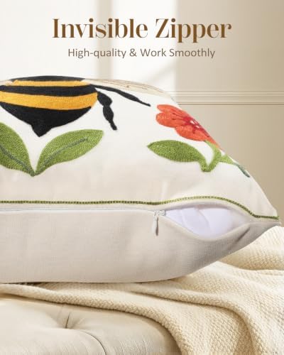 Animal Embroidered Throw Pillow Cover 20x20 Inch, Bee Floral - Image 3
