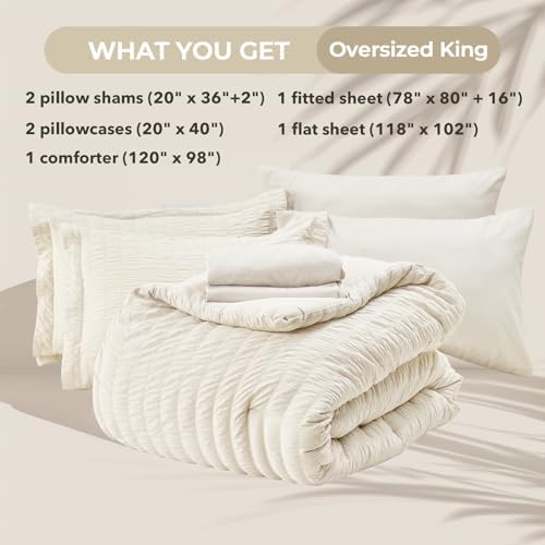 HYMOKEGE Ivory Oversized King Comforter Set Seersucker 7 Pieces, All Season - Image 5