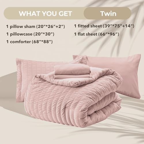 HYMOKEGE Rose Gold Twin Comforter Set Seersucker 5 Pieces, All Season Luxury - Image 6