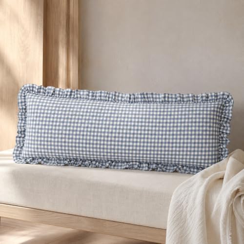 JoraLion Ruffled Body Pillow Cover 20x54 Gingham Smoke Blue by JoraLion