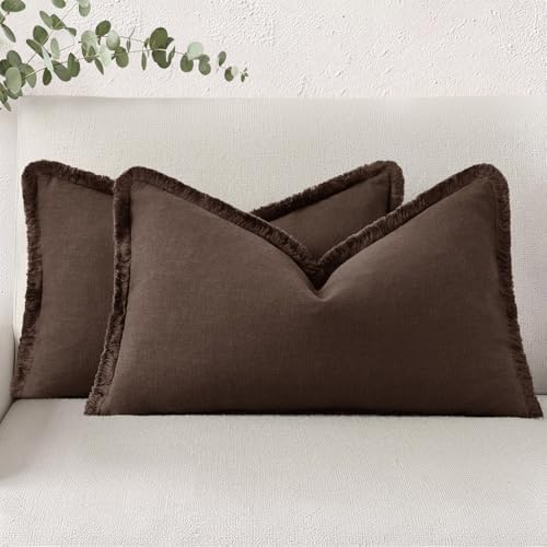 decorUhome Linen Fringe Chocolate Throw Pillow Covers 12x20 Set of 2 by decorUhome