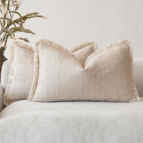 Foindtower Set of 2 Decorative Linen Check Fringe Throw Pillow Covers Farmhouse by Foindtower