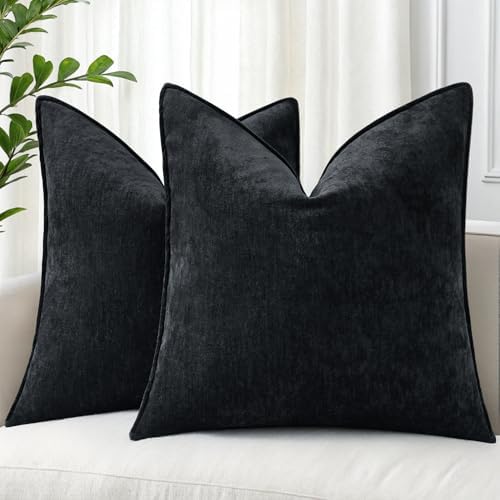 decorUhome Chenille Black Velvet Throw Pillow Covers 24x24 Set of 2 by decorUhome