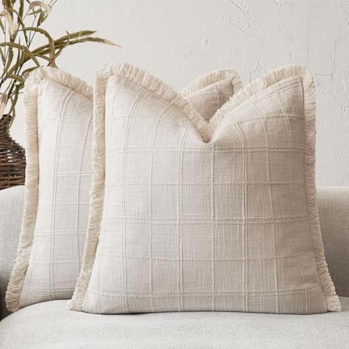 Foindtower Set of 2 Decorative Linen Check Fringe Throw Pillow Covers Farmhouse by Foindtower