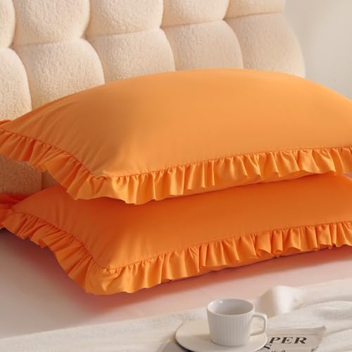 Ruffled Queen Pillow Shams, 2 Pack, 20x30 Inches, Ginger Yellow by Aerlomi
