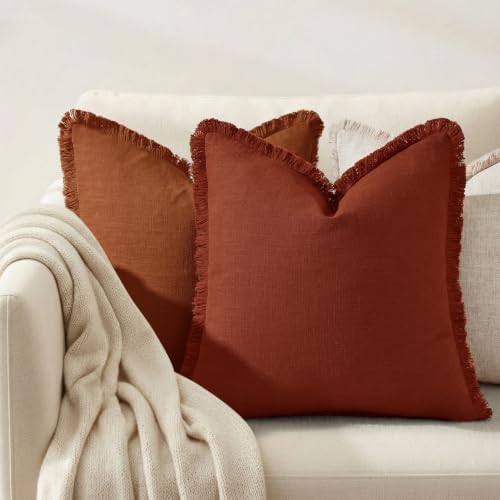 decorUhome Linen Fringe Light Rust Throw Pillow Covers 16x16 Set of 2 - Image 2