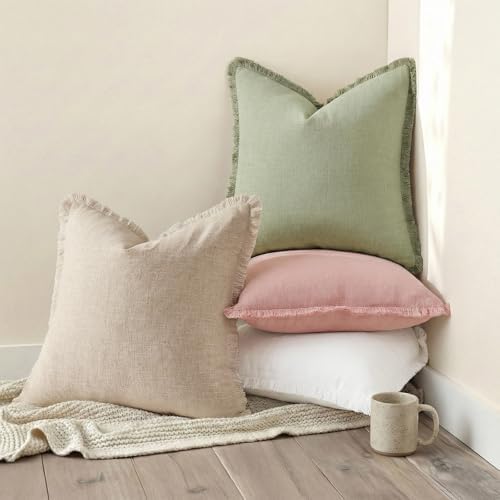 decorUhome Linen Fringe Pink Throw Pillow Covers 22x22 Set of 2 - Image 5