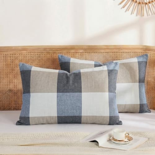 Merryword 100% Cotton Pillow Cases, Standard Size, Washed Cotton Gray Check by Merryword