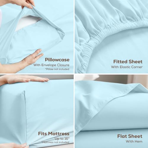 King Sheets Set, 4 Pieces 16" Deep Pocket Hotel Luxury Bed Sheets, Ice Blue - Image 3