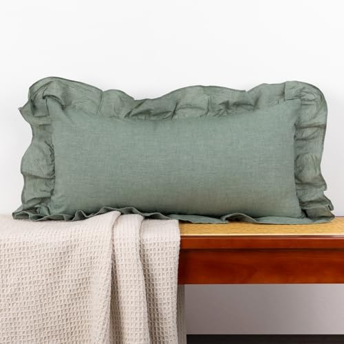 JoraLion Ruffled Lumbar Pillow Cover 14x26 Solid Green by JoraLion