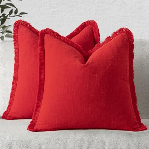 MIULEE Boho Linen Fringe Decorative Euro Throw Pillow Covers Red 22x22 by MIULEE