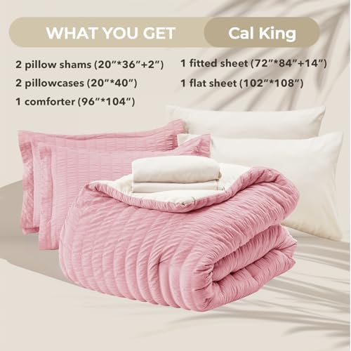 HYMOKEGE Pink/Ivory California King Comforter Set Seersucker 7 Pieces, All - Image 6
